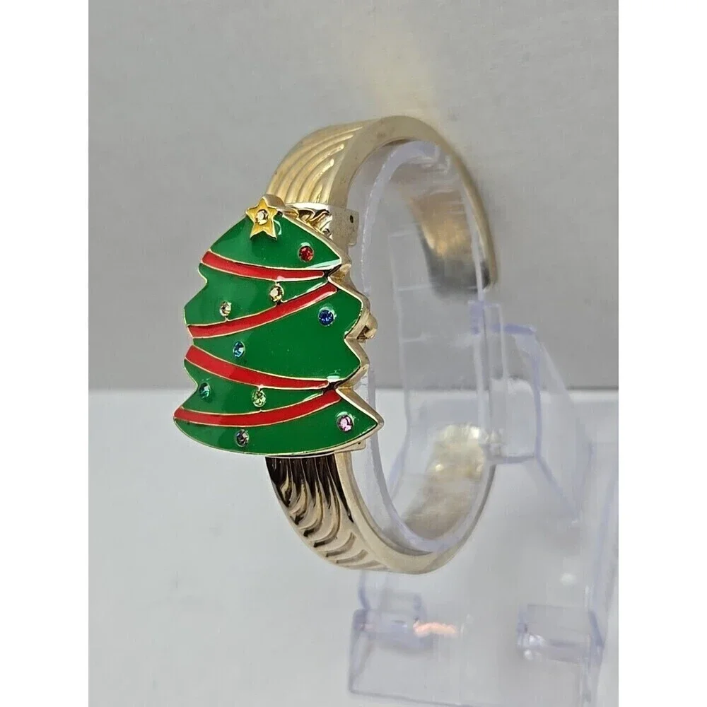 Arm Candy Christmas Tree Ladies Cuff Watch Quartz Gold Tone New Battery Xmas Fun